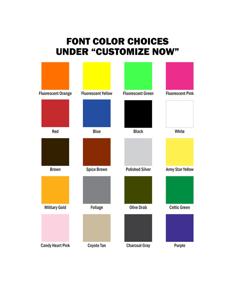 Op de afbeelding: Een grafiek met 16 verschillende kleurkeuzes voor het aanpassen van tekst. De kleuren omvatten fluorescerend oranje, fluorescerend geel, fluorescerend groen, fluorescerend roze, rood, blauw, zwart, wit, bruin, specerijbruin, gepolijst zilver, legerstergeel, militair goud, loof, olijfgroen, Keltisch groen, snoephartroze, coyotebruin, antracietgrijs en paars.