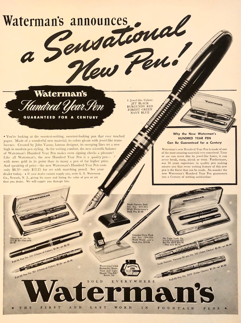 Vintage Print Ad 1939 Waterman/'s Fountain Pen Sets A Sensational New Pen