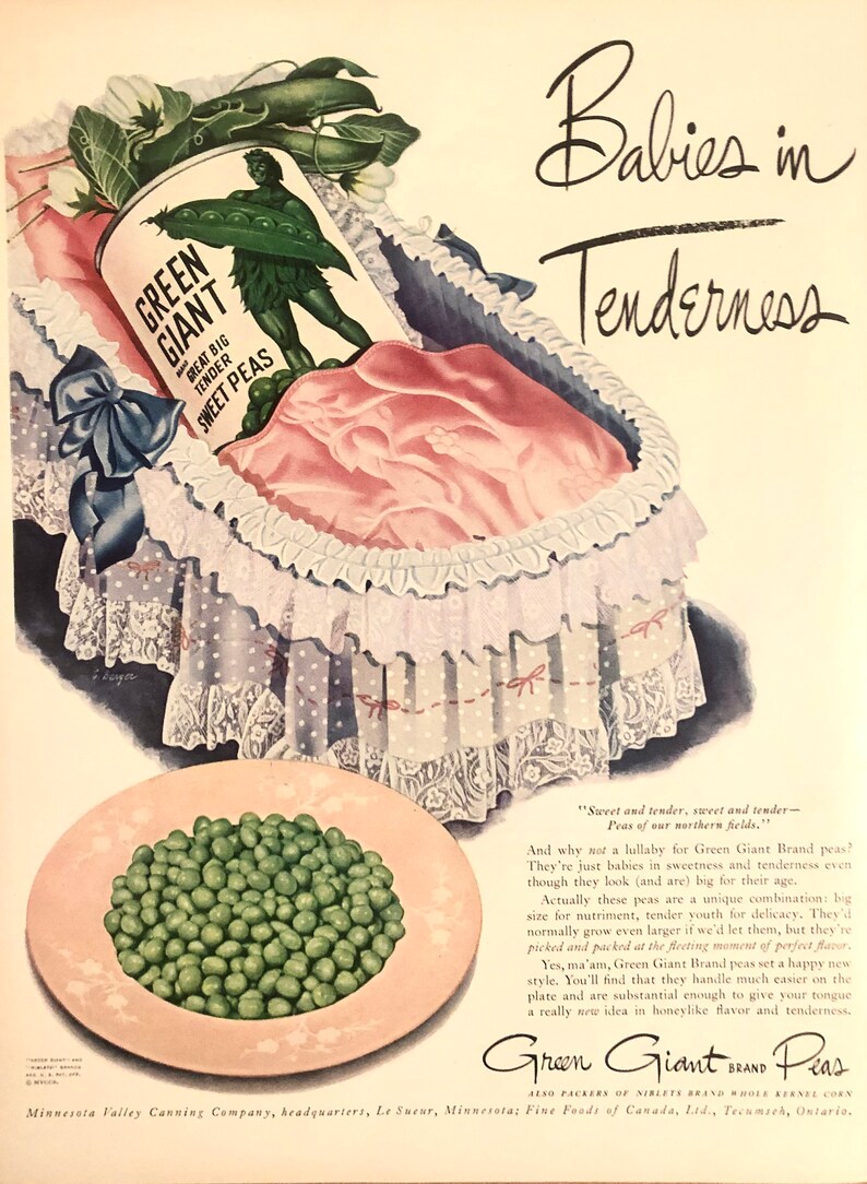 1948 Green Giant Great Big Tender Sweet Peas Babies In Tenderness Vintage Print Ad