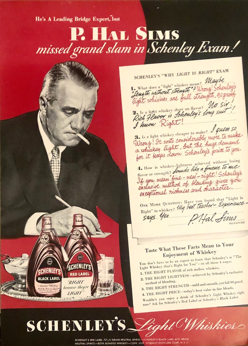 Vintage Print Ad 1939 Schenley/'s Black /& Red Label Whiskey P.Hal Sims~Missed Grand Slam In Schenley Exam