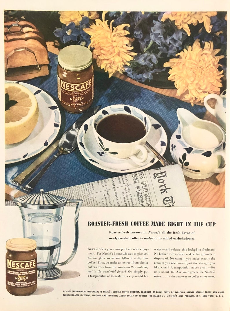 1945 Nescafe Instant Coffee Roaster Fresh Coffee Made Right In The Cup Vintage Print Ad