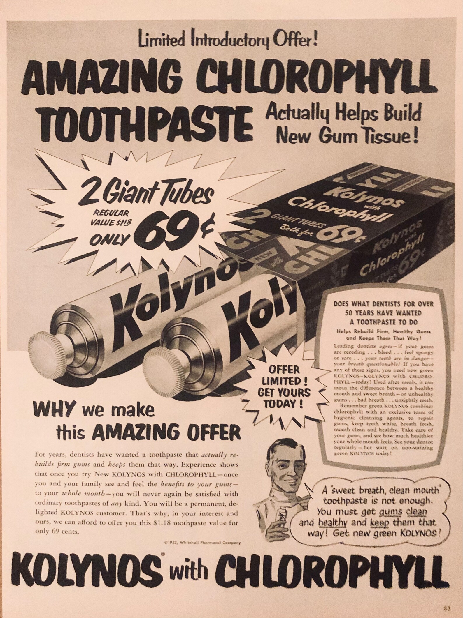 1952 Kolynos Toothpaste With Chlorophyll Actually Helps Etsy