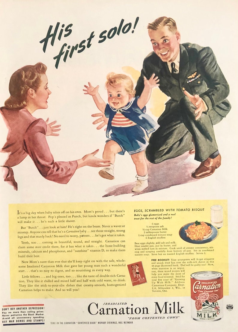 1944 Carnation Milk His First Solo Vintage Print Ad