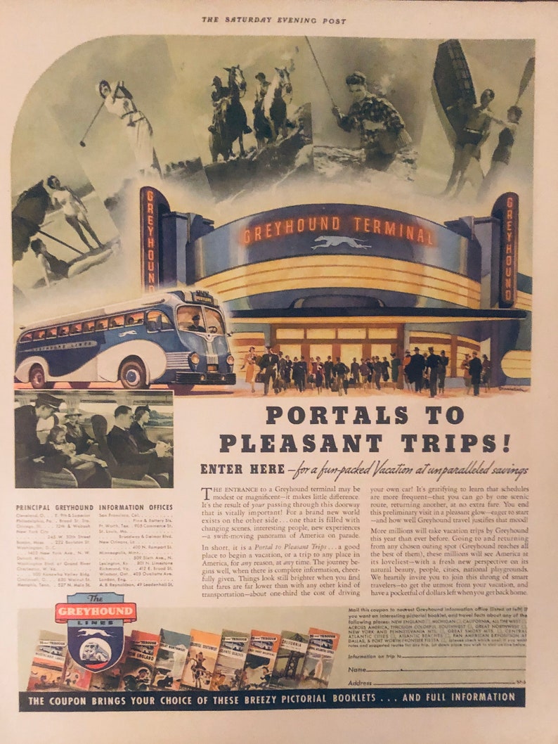 1937 Greyhound Bus Terminal Portals To Pleasant Trips~For A Fun Packed Vacation At Unparalleled Savings Vintage Ad