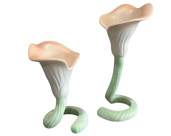 Vintage 90s Pair of Fitz & Floyd Calla Lily Candle Holders Pastel Pink Green