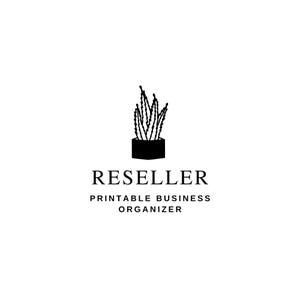 Pode incluir: Um logótipo gráfico a preto e branco com uma planta em vaso estilizada com folhas pontiagudas num recipiente retangular sólido. Abaixo da ilustração, o texto diz RESELLER PRINTABLE BUSINESS ORGANIZER numa fonte serifada.