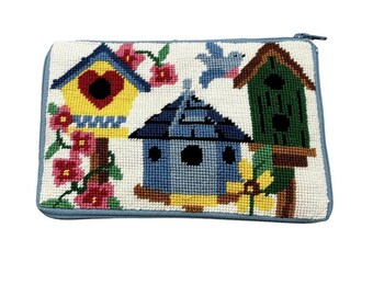 Bolso de mano vintage hecho a mano con cremallera y punto de cruz, diseño de casas de pájaros, estilo campestre de la abuela.