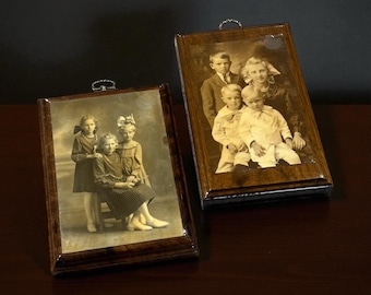 2 Antique Photograph Wood Plaques Children Early 1900s Black White Victorian