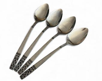 Juego de 4 cucharas de té vintage para revolver Claudia Mid Century Fleur De Lis de acero inoxidable