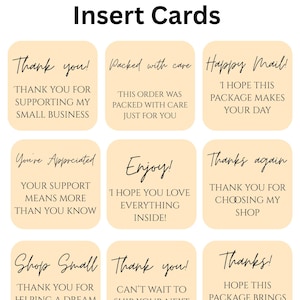 May include: A set of nine square printable package insert cards with rounded corners in a light peach color. Each card features black text with a mix of script and sans-serif fonts, including phrases like Thank you, Packed with care, and Happy Mail.