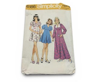 Vintage 1970-tals Simplicity 6186 Klänning med Krage Mönster för Flickor Storlek 14