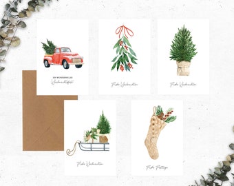 5er Christmas card set with envelopes, card set Christmas, card Christmas watercolor, Christmas cards watercolor modern