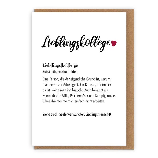 Karte Defintion Wörterbuch Lieblingskollege/in, Lieblingsmensch/Mama/Papa etc. mit Umschlag  | Geschenkidee zum Abschied oder Geburtstag