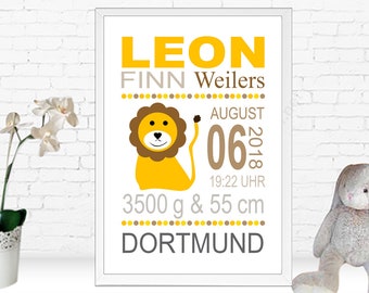 Poster Löwe für's Kinderzimmer mit Name und Geburtsdaten