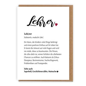 Karte Definition Lehrer/in , Erzieher/in... mit Umschlag  | Geschenkidee zum Abschied