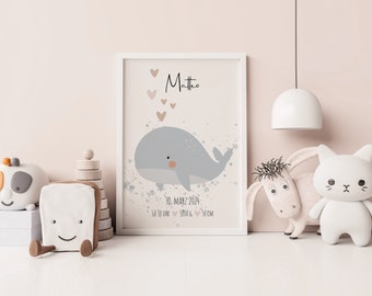 Affiche pour chambre d'enfant avec dates de naissance et baleine | Cadeau de naissance | Cadeau bébé | Décoration chambre d'enfant