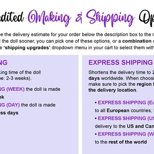 May include: A graphic with the text "Expedited Making & Shipping Options" in purple and black. It details options for faster doll making and express shipping, including delivery times and regions.