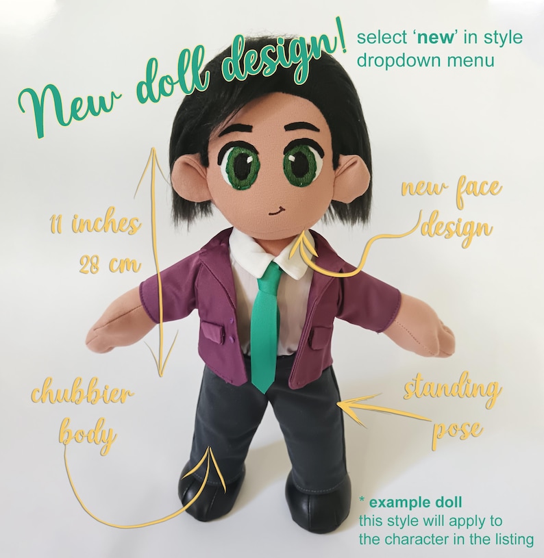 May include: A plush doll with a new face design, standing pose, and chubbier body. The doll is 11 inches (28 cm) tall and wears a purple jacket, green tie, and gray pants. The text says "New doll design!"