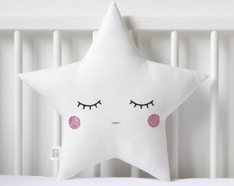 White Star Cushion with Pink Cheeks for Nursery Decor, Dreamy Baby Pillow Shower Gift Idea Gender Neutral Room Boy  Kids Bed Girl Teepee