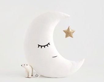 Oreiller croissant de lune pour chambre d’enfant ~ Coussin de lune pour bébé avec une étoile scintillante ~ Oreiller de jet de chambre d’enfant