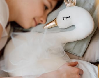 Swan pillow, baby girl nursery decor cushion, decorative pillow, princess swan plush toy kids room newborn gift, white pink nursery bed