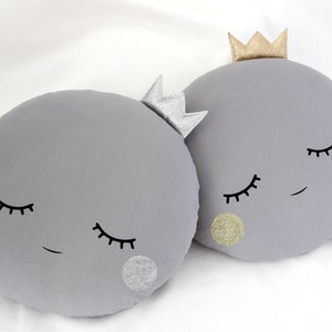 Gray full moon pillow with crown and cheeks Handmade kids decorative pillow Full moon pillows image 1