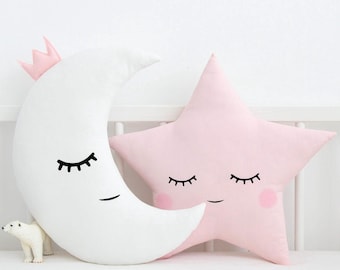 Baby girl nursery decor pillows set star and moon, cushion infant gift kids room newborn toddler twins bedroom twinkle cot crib bed toddler