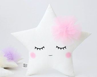 Nursery Decor Star Cushion with Tulle Flower, Dreamy Baby Pillow Shower Gift Idea Newborn Infant Girl  Throw Kids Room Children Bed Sky