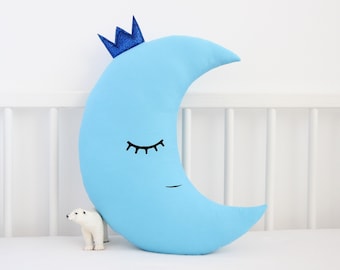 Blue Crescent Moon Cushion for Nursery Decor, Baby Shower Gift Idea Dreamy Pillow Newborn Girl  Infant Boy Bed Kids Teepee Children Sky