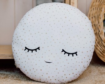 White Full Moon Cushion with Golden Dots for Nursery Decor, Baby Shower Gift Idea Dreamy Pillow Boy Girl Crib Gender Neutral Bed Kids Teepee