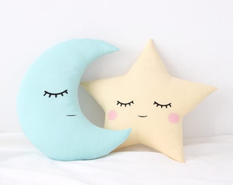 Star And Moon Pillows, Set Of 2 Pillows, Mint Crescent Moon Cushion, Kids Yellow Pillow, Pastel Cushion, Children Pillow, Cozy Kids Pillow