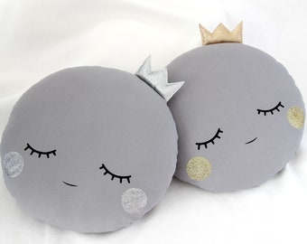 Gray full moon pillow with crown and cheeks ~ Handmade kids decorative pillow ~ Full moon pillows