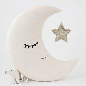 Beige moon pillow for nursery ~ Moon cushion with star or crown ~ Crescent moon pillow for toddler room decor