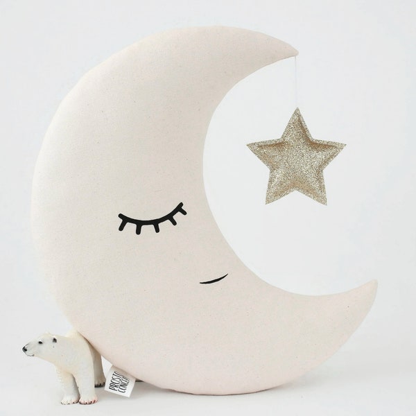 Beige moon pillow for nursery ~ Moon cushion with star or crown ~ Crescent moon pillow for toddler room decor