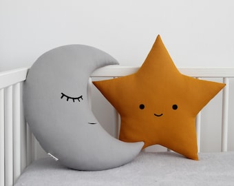 Baby Boy Nursery Decor Pillows, Moon And Star Cushions, Gray Sleeping Moon Pillow, Mustard Smiling Star Pillow, kids pillow set, baby gift