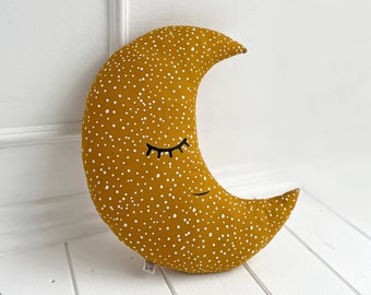 Coussin moutarde à pois, coussin lune pour chambre d'enfant, coussin croissant de lune, coussin décoratif, coussin céleste pour chambre de bébé, déco hôpital pour enfants