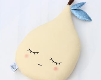 Yellow Pear Pillow, Pear Cushion Kids Room Fruit Plush Toy Handmade Nursery Decor Baby Shower Birthday Toddler Gift Boy Girl Bed  Infant