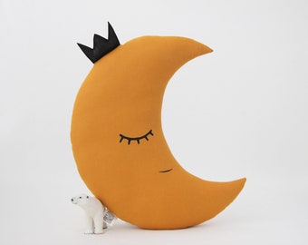 Oreiller de lune, décor de pépinière de moutarde, coussin de croissant de lune, oreiller d'enfants, décor jaune de chambre de bébé, oreiller céleste de pépinière, oreiller de demi-lune