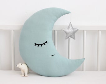 Baby boy nursery decor ~ Dusty mint crescent moon pillow ~ Cuddly pillow for baby