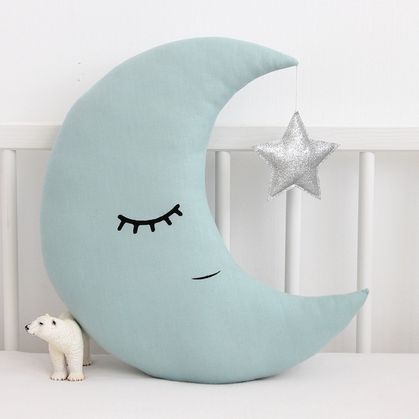 Baby Junge Kinderzimmer Deko ~ Dusty Mint Mondsichel Kissen ~ Kuschelkissen für Baby