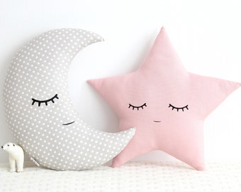 Kids Pillow Set Of 2, Kids And Baby, Moon And Star Cushions, Baby Girl Room Decor, Cushions With Face, Kids Throw Pillows, Kawaii Nursery