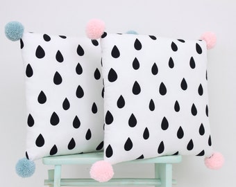 Pom Pom Pillow, Monochrome Pillow, Scandinavian Pillow, Cushion With Pom Poms, Black And White Pillow, Nordic Pillow, Minimalist Pillow