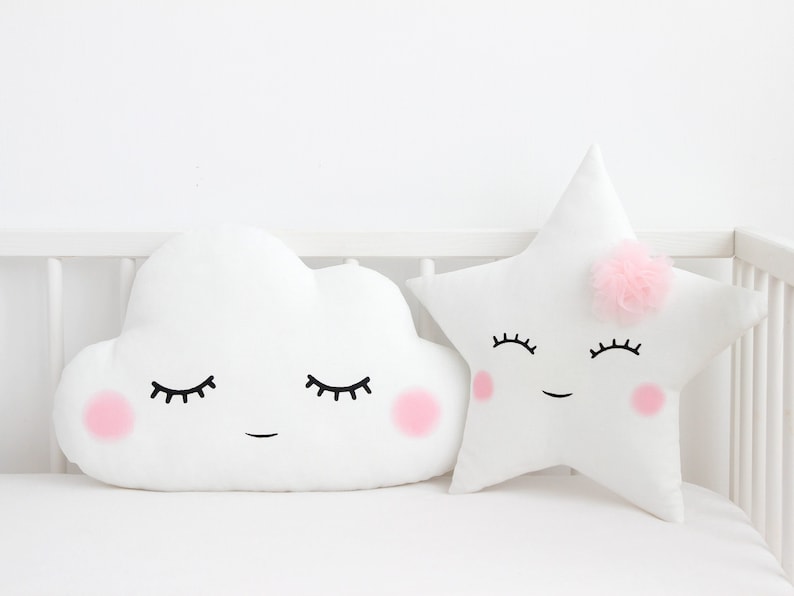 Set of cloud and star shaped pillows Baby cushion Nursery decor for girl Smiley (eyes up)