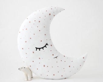 White with Bronze Dots Crescent Moon Cushion for Nursery Decor, Baby Shower Gift Idea Dreamy Pillow Boy Room Kids Canopy Sky Bed Girl Teepee