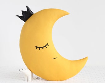 Yellow Mustard Crescent Moon Cushion for Nursery Decor, Baby Shower Gift Idea Dreamy Pillow Kids  Boy Room Girl Bed Children Teepee Sky