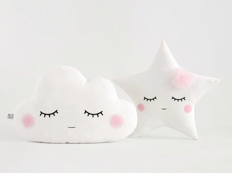 Set of cloud and star shaped pillows Baby cushion Nursery decor for girl Sleepy (eyes down)