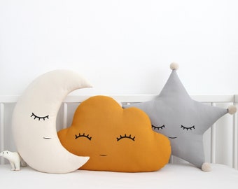 Kinderkissen 3er Set ~ Stern, Mond und Wolke Dekokissen ~ Babyzimmer Kissendekor