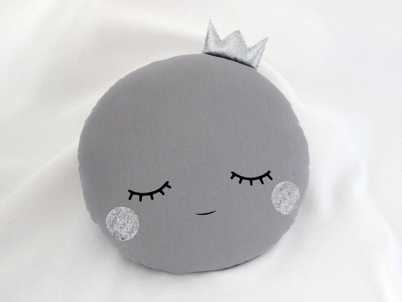 Gray full moon pillow with crown and cheeks Handmade kids decorative pillow Full moon pillows image 2