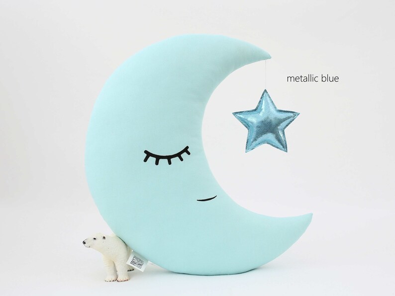 Baby Boy Room Decor, Mint Moon Cushion, Boy Nursery Decor, Moon Pillow Baby, Toddler Pillow, Kids Throw Pillow, Crescent Moon Pillow Metallic Blue