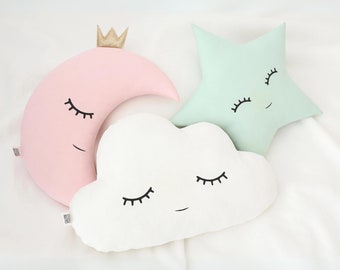 Baby girl nursery decor pillows set cloud star crescent moon cushion boho kids room princess newborn gift toddler mint gold twinkle crib cot